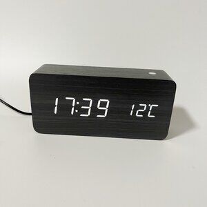 Square Wooden Digital LED Desk Alarm Clock Thermometer Calendar